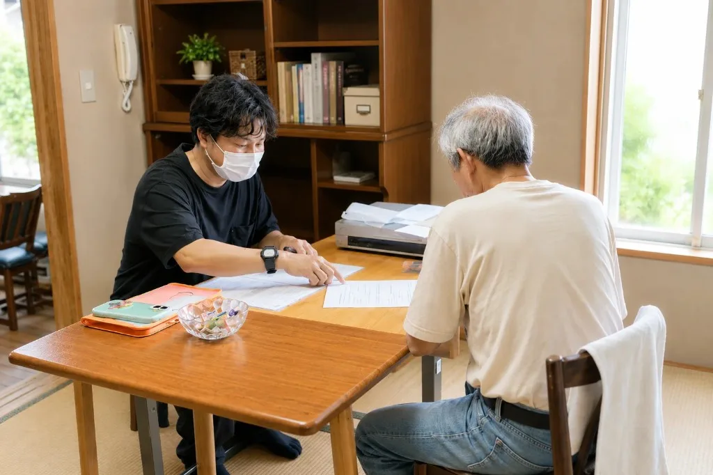 ご自宅でお客様に点検内容を説明する技術者