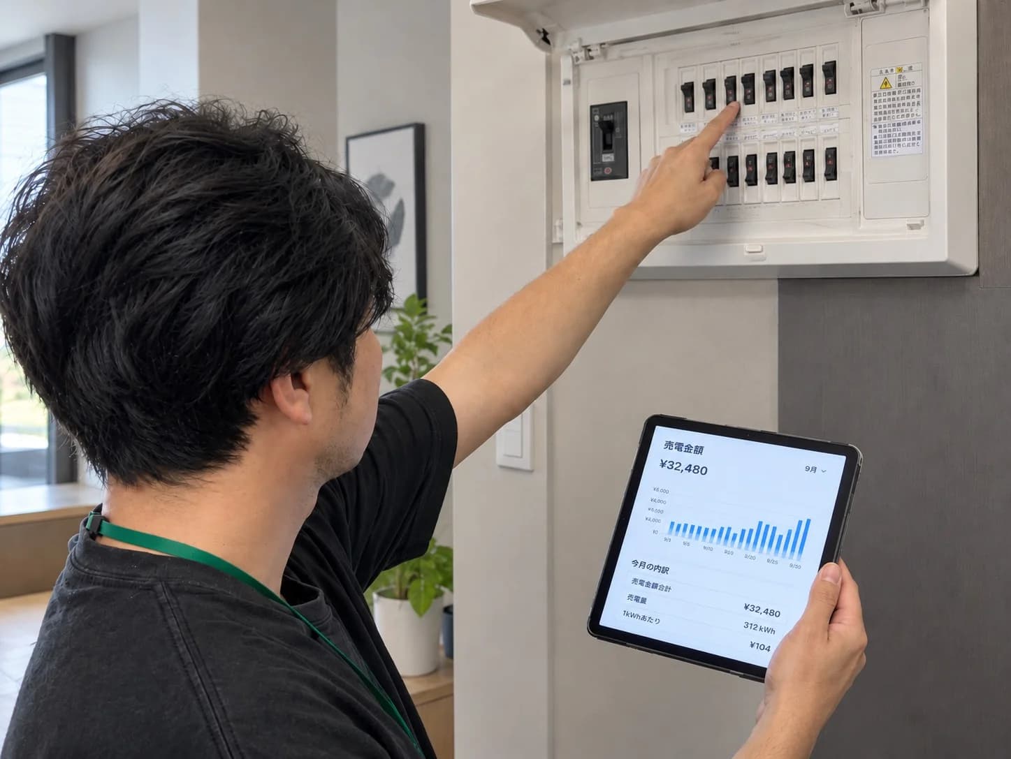 分電盤のブレーカーを確認する技術者